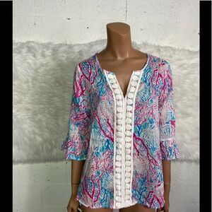 Casey Key Pink Blue White Printed Tunic Top M